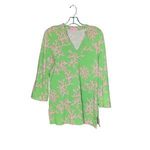 Lilly Pulitzer Womens Top Size Small Green 3/4 Sleeve Shirt Pink Coral Reef